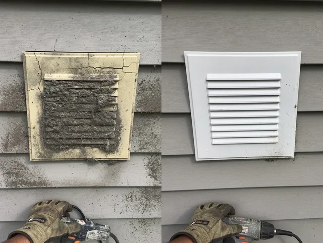 Palm Coast Dryer Vent Cleaning technician installing high-quality dryer vent cover at a residential property in Palm Coast